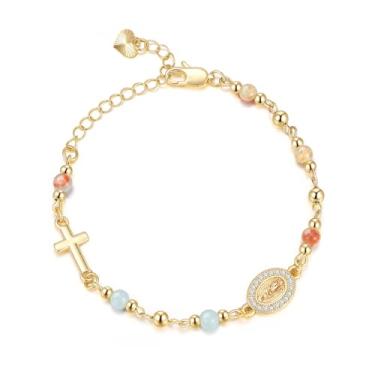 Imagem de Pulseira feminina de ouro virgem maria - pulseira de cruz religiosa banhada a ouro 14 K, joia delicada dourada não manchada Virgen De Guadalupe com contas de pedra natural, presente de confirmação de