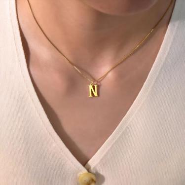 Imagem de Colar com inicial para mulheres, pingente de letra de aço inoxidável banhado a ouro 18K, bloco de A a Z, joia personalizada do alfabeto, 18+2in, Aço inoxidável, Sem Pedra Preciosa