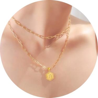 Imagem de Colar feminino com inicial em camadas, aço inoxidável banhado a ouro 18K, pingente de clipe de papel duplo A a Z, conjunto de duas correntes destacáveis, 16.5in/ 14+2in, Aço inoxidável, Sem Pedra
