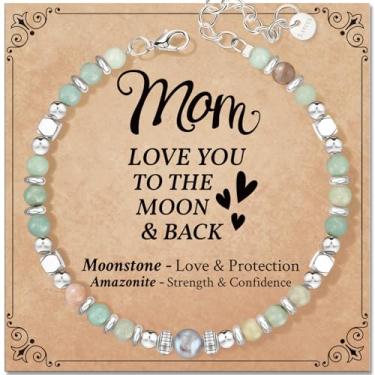Imagem de ZOKCC Presentes de aniversário para mãe de filha filho cura pedra natural pedra da lua pulseiras para mulheres – presentes de Natal para o dia das mães como bônus, mãe, madrinha, mamãe, 7"+1.5