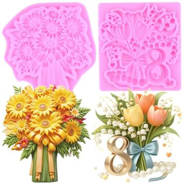 Imagem de MIYAHOUSE Molde de silicone para fondant de buquê de girassol para decoração de bolos, enfeite de cupcake, pasta de goma de chocolate, argila de polímero, conjunto de 2