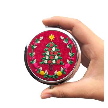 Imagem de Leimandy Espelho de bolso bordado árvore de Natal dupla face 1x/2x com espelhos de maquiagem Espelho compacto portátil para bolsa, presente de festival, presente de aniversário com caixa de presente