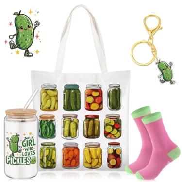 Imagem de Paterr 4 peças presentes para mulheres presente temático para com sacola de lona 473 ml copo de café de vidro com meias de palha chaveiro fofo (bico)