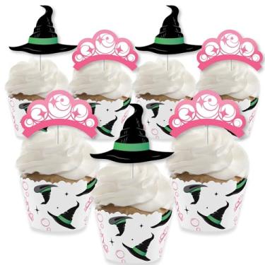 Imagem de Big Dot of Happiness Kit de decoração de cupcake de bruxa, bom aniversário rosa e verde ou bruxa festa de Halloween para cupcake e palitos de petiscos - Conjunto de 24