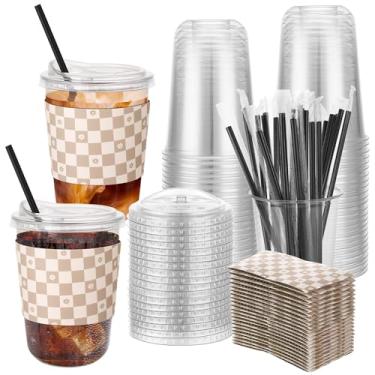 Imagem de Ovveroche 50 conjuntos de copos de café de plástico transparente de 473 ml com tampas, canudos e mangas, copos de bebida gelados descartáveis para café gelado, bebidas frias, lojas, festas, catering