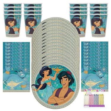 Imagem de Pacote de artigos de festa Aladdin para 16 convidados – Inclui pratos de sobremesa de 18 cm, copos de guardanapos de almoço e velas de aniversário – Decorações de aniversário de Aladdin para crianças