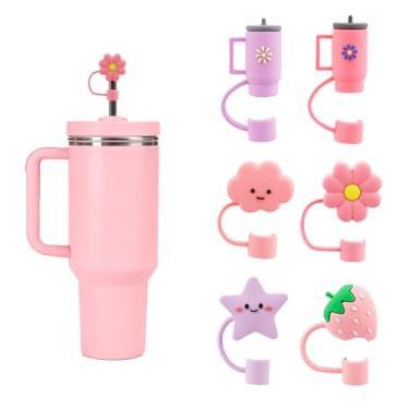 Imagem de Bchjatk 6 peças de capas de canudo padrão rosa e roxo com copo Stanley de 30 e 1,134 g, tampas de silicone macio de 10 mm, topos de canudo reutilizáveis à prova de poeira, decorações divertidas de