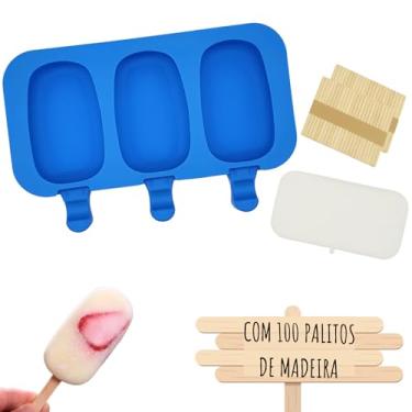 Imagem de Formas Sorvete Picole Caseiro Silicone Com 3 Cavidades Tampa 100 palitos (Picolé)