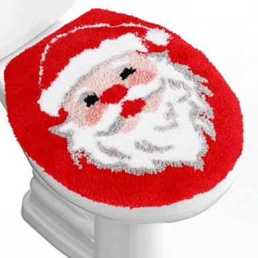 Imagem de FYSUIMU Capa de assento de vaso sanitário de Natal vermelho Papai Noel macio absorvente de pelúcia tufado capa de tampa de vaso sanitário ajustável lavável capas de suporte para decoração de banheiro