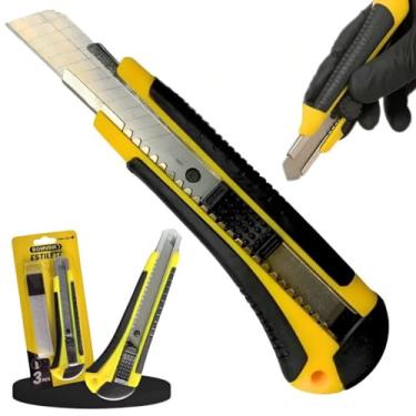 Imagem de Estilete Profissional Retrátil 18mm com 3 Lâminas de Reposição - Trava de Segurança Cabo Emborrachado Ergonômico Antiderrapante Alta Precisão Corte Papel Plástico Couro Artesanato Embalagens