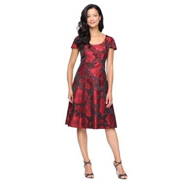 Imagem de S.L. Fashions Vestido jacquard estampado floral feminino, vestido de convidada de casamento, Vermelho/preto, 44