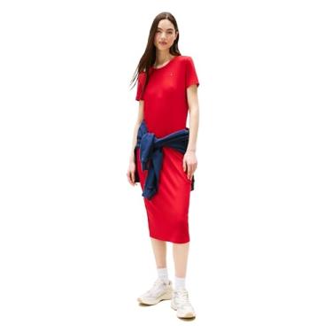 Imagem de Tommy Jeans Vestido midi colado ao corpo feminino com detalhe de logotipo, Safira vermelha, P