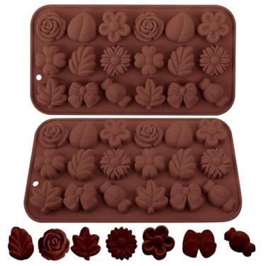 Imagem de Fuehbur Moldes florais de silicone para doces de flor, 2 peças, moldes de chocolate com margarida, tulipa rosa, gravata borboleta, design de gelatina, 18 cavidades, molde de gelatina, mini moldes de