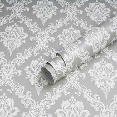 Imagem de Micpolo Papel de parede para descascar e colar papel de parede damasco cinza e branco para quarto banheiro papel de contato para armários e gavetas removível inquilino papel de parede amigável quarto