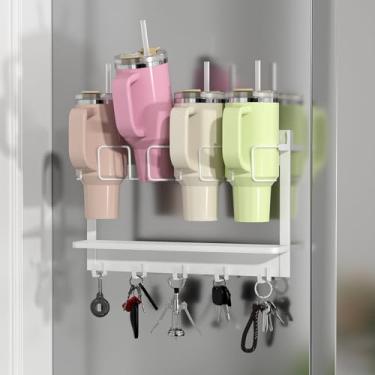 Imagem de HWQBany Suporte magnético Stanley para geladeira, organizador de garrafa de água para copo Stanley de 1,134 g, organizador de copos Stanley com 5 ganchos, branco