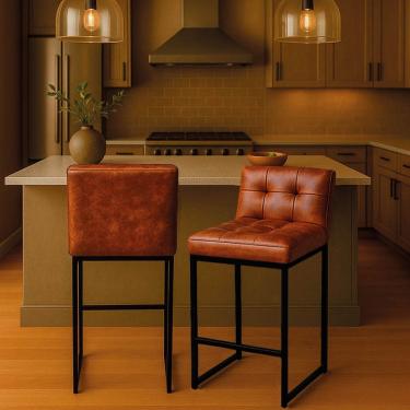 Imagem de Kit 2 Banquetas Alta Com Encosto Lirina C05 Industrial Aço Assento Madeira Couro Sintético Preto Nozes D'Rossi