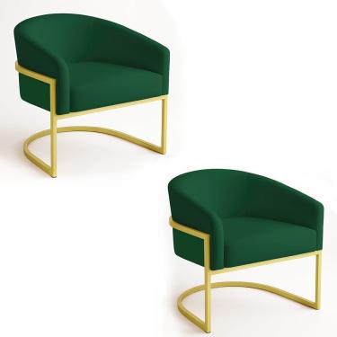 Imagem de Poltrona Sala Decorativa Industrial Dourada Kit 2 Arielle Veludo Verde