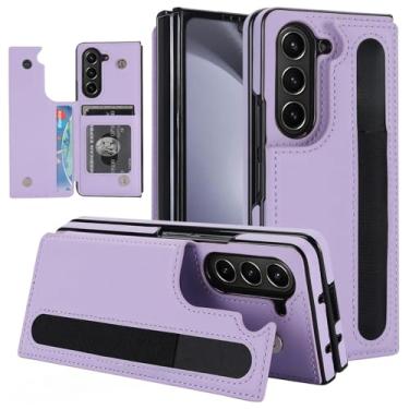 Imagem de Capa carteira para Samsung Galaxy Z Fold 6 com suporte para cartão e compartimento para caneta, capa de telefone resistente de couro dobrável de luxo com fecho magnético e suporte clássico (roxo)
