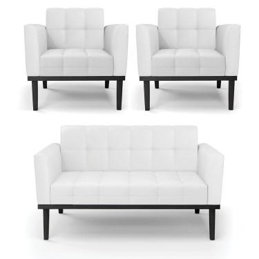 Imagem de Conjunto 2 Poltronas E 1 Namoradeira Decorativa Pés Fixo Em Madeira Preto Pu Branco
