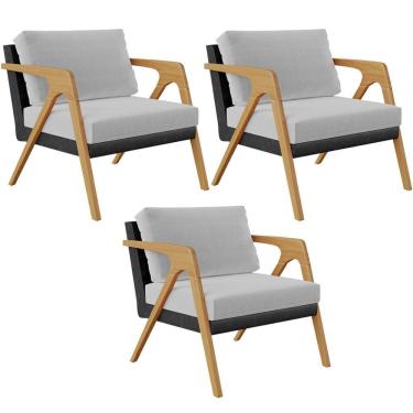 Imagem de Kit 03 Poltronas Pietra L02 Couríssimo Preto Linho Cinza