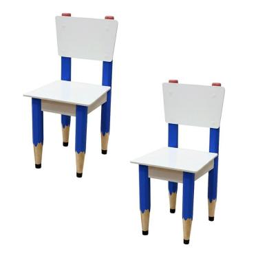Imagem de Kit 2 Cadeiras Cadeira Infantil Lápis Azul Assento E Encosto Brancos Para Estudos E Desenhos Mobília Decor