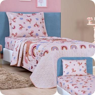 Imagem de Kit Colcha Solteiro Bouti Kids Com Jogo De Lençol 4 Peças Unicórnio