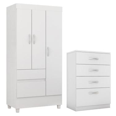 Imagem de Kit Guarda Roupa Solteiro 3 Portas Wind Cômoda Astral Branco