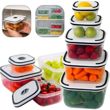 Imagem de Kit 5 Potes Herméticos Quadrados – Conjunto de Potes Plásticos com Tampa e Vedação de Silicone, Empilháveis, Para Cozinha, Geladeira, Freezer, Armazenamento de Alimentos, Microondas - Livres de BPA