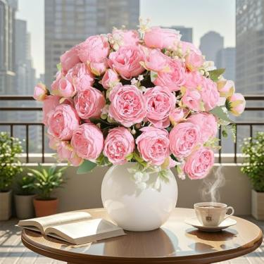 Imagem de SugarHuLu 12 pacotes de flores artificiais peônias buquê de flores rosa, peônias falsas de seda realistas com hastes para mesa de centro de casa, casamento, festa e arranjos florais de noiva DIY (rosa