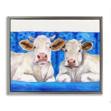 Imagem de Stupell Industries Arte de parede em tela flutuante emoldurada com duas vacas brancas em azul marrom, design de George Dyachenko, 64 x 78 cm