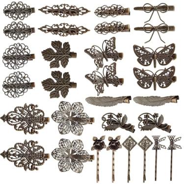 Imagem de Pacote com 30 / 15 pares de grampos de cabelo pequenos decorativos de metal bronze vintage jacaré presilhas retrôs, broches, folha, flor, borboleta, gótico, punk, curto, acessórios de cabelo fino