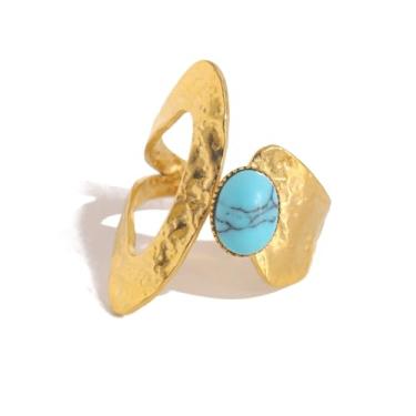 Imagem de Dikixe Anel feminino Boho turquesa empilhável de aço inoxidável banhado a ouro 18 K martelado banda larga aberta anel ajustável