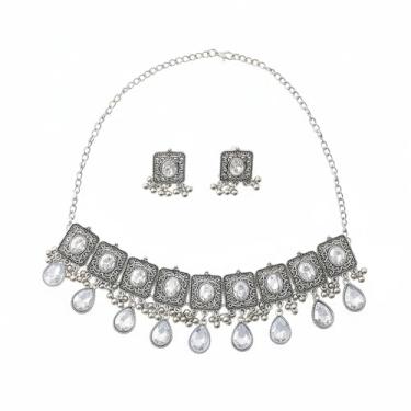 Imagem de Brincos de filigrana com contas quadradas com borla, pingente, strass, gota, corrente geométrica, gargantilha para mulheres, noiva, boho, antigo, indiano, tradicional, étnico, bollywood, conjunto de