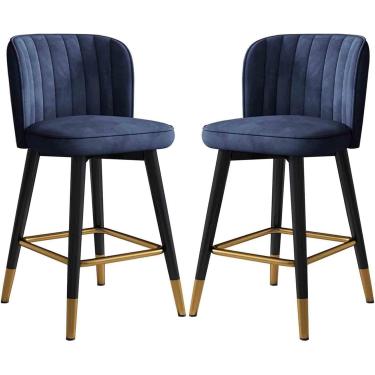 Imagem de Conjunto De 2 Bar Giratório Bar Cozinha Veludo Estofado Cadeira Alta Bar Com Apoio Para Os Pés E Encosto Para Bar De Balcão Doméstico, Blue, 75cm(29.5'')
