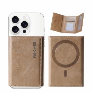 Imagem de FiitCASE Para MagSafe Carteira magnética com três dobras para cartão - Carteira minimalista de ímã forte compatível com iPhone 16/15/14/13/12 Pro Max Plus para capas MagSafe, couro PU premium (titânio