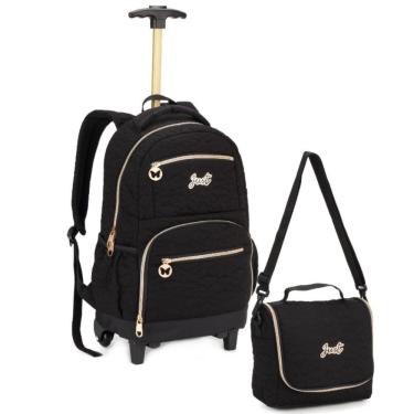 Imagem de Kit Mochila Juvenil Com Rodinhas E Alça Reforçada + Lancheira Escolar Feminina Matelasse - Borboletas - Just Preto