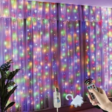 Imagem de Cortina de LED 3x3m 300 LEDs Branca Quente | Pisca Pisca Cascata USB com Controle Remoto, 8 Modos, Temporizador, à Prova d’Água IP68 | Decoração de Natal, Festa, Casamento e Casa (Colorido)