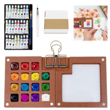 Imagem de Tcwhniev Conjunto de mini tinta aquarela, conjunto portátil de aquarela com paleta de 15 grades, caderno de desenho e pincel de tinta de 24 cores para pintor de viagem (branco)