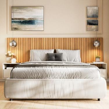 Imagem de Cabeceira Box Casal 1.45 Efeito Ripado C- 2 Mesas De Cabeceira Suspensa Cross Freijó - Movelove