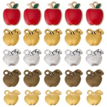 Imagem de SUNNYCLUE 1 caixa, 50 peças, 5 estilos, pingentes de maçãs de metal, dourado, liga tibetana, pequeno, vermelho, prata, maçãs, pingentes em forma de fruta, para fazer joias, brincos, colares, pulseiras