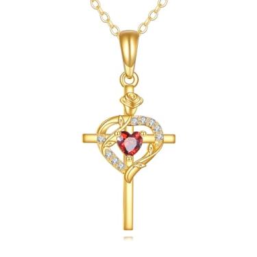 Imagem de YFN Colar de cruz de ouro 14K para mulheres, pingente de crucifixo de coração, granada, aniversário de nascimento, presentes de Natal, joias cruzadas para mãe, esposa, ela