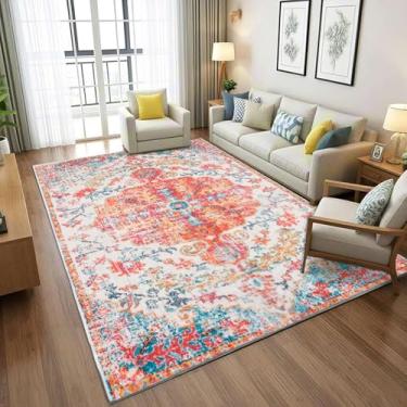 Imagem de VFROO Tapete para sala de estar, 10 x 15 cm, laranja, vermelho, vintage, lavável, macio, antiderrapante, tapete com estampa boho, retrô para quarto, sala de jantar, interior