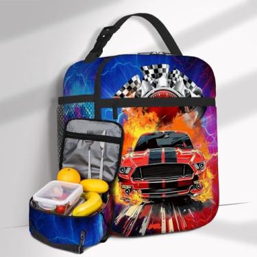 Imagem de Lancheira de carros para meninos e crianças, lancheira escolar para meninos e meninas, reutilizável, isolada, iluminação de fogo, carro, bolsa térmica leve para escola, piquenique, viagem, caminhada