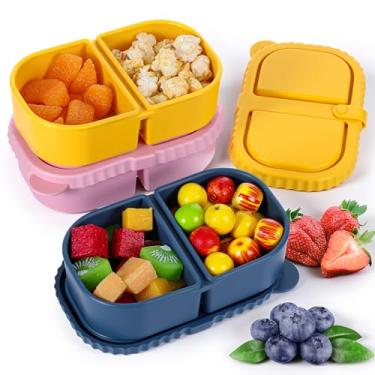 Imagem de Meyeyaia Pacote com 3 recipientes reutilizáveis de silicone para lanches com tampas, mini compartimentos duplos, recipientes para lanches, molho de salada, temperos, caixas de lanche para viagem