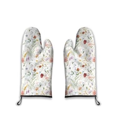 Imagem de Luvas de forno em aquarela com flores resistentes ao calor, resistentes ao desgaste, fáceis de limpar, com forro de algodão grosso para grelhar, cozinhar, assar, 2 peças