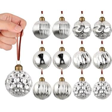 Imagem de 12 peças de enfeites de bola de Natal vintage de vidro mercúrio 6 cm decorações de bola em relevo antigas decorações de árvore de Natal para presentes de Natal e férias de inverno (prata)