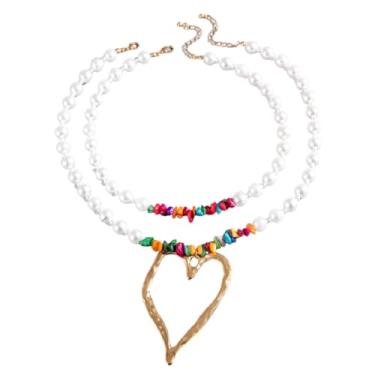 Imagem de Y2K Colar de coração grande com contas de pérolas de imitação longa, colar com pingente de coração de ouro grosso, joia moderna para mulheres, 16in, Zinco, Sem Pedra Preciosa