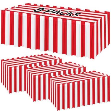 Imagem de 8 peças de toalhas de mesa listradas vermelhas e brancas, saia de mesa de carnaval, saia de mesa para decoração de festa de carnaval em casa