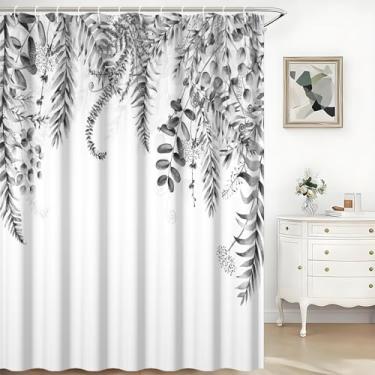 Imagem de TTQYFNM Cortina de chuveiro de folha de eucalipto cinza aquarela preto e branco com folhas de plantas botânicas para banheiro decoração de banheira tecido impermeável conjunto de cortinas de banho com