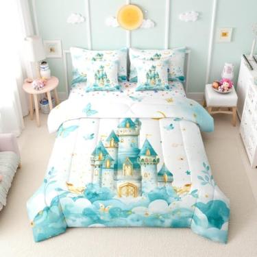 Imagem de Erosebridal Jogo de cama solteiro princesa, 7 peças, para meninas e crianças, castelo e borboleta, lençol com elástico + lençol de cima